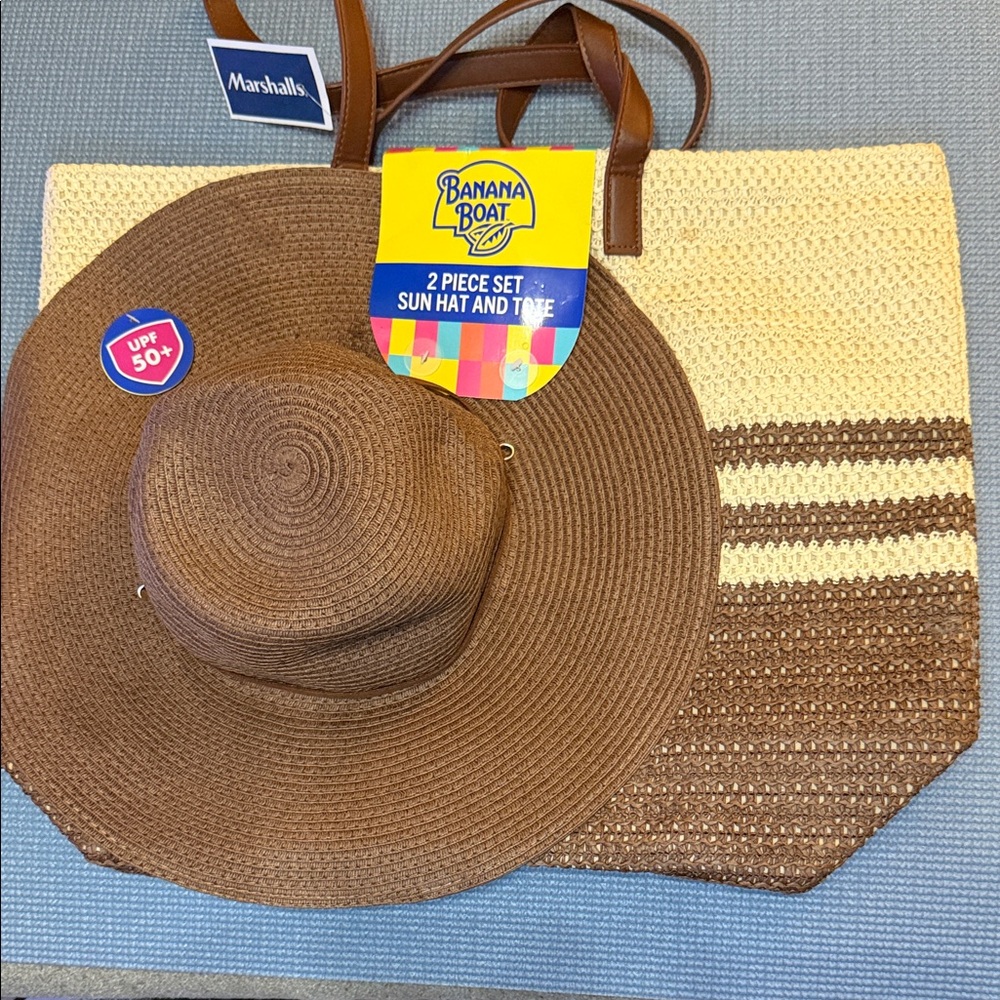 Banana Republic Brown Straw Sun Hat and Cream Woven Tote Set